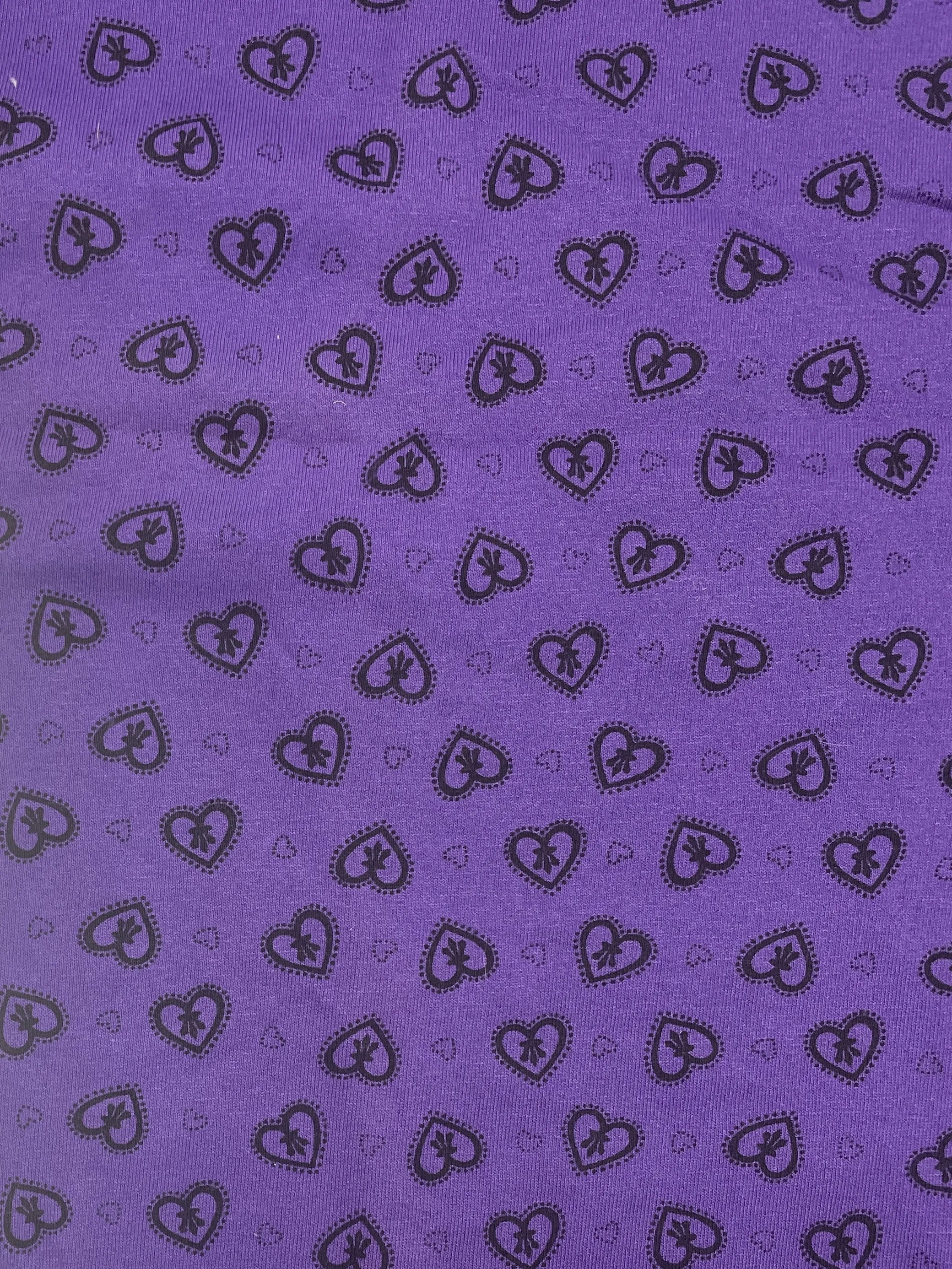 1 3/4 YD Cotton Blend Knit - Purple with Black Hearts