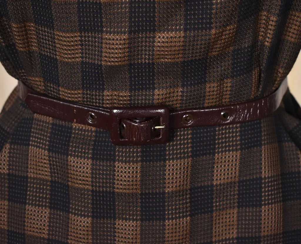 1950s Brown & Navy Plaid Wiggle Dress