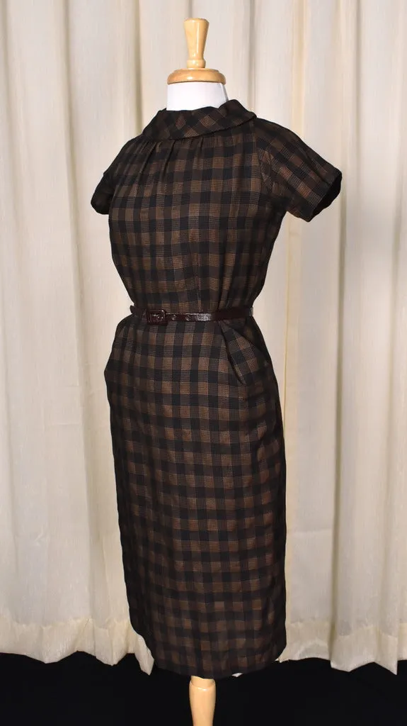 1950s Brown & Navy Plaid Wiggle Dress