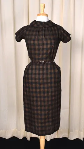 1950s Brown & Navy Plaid Wiggle Dress