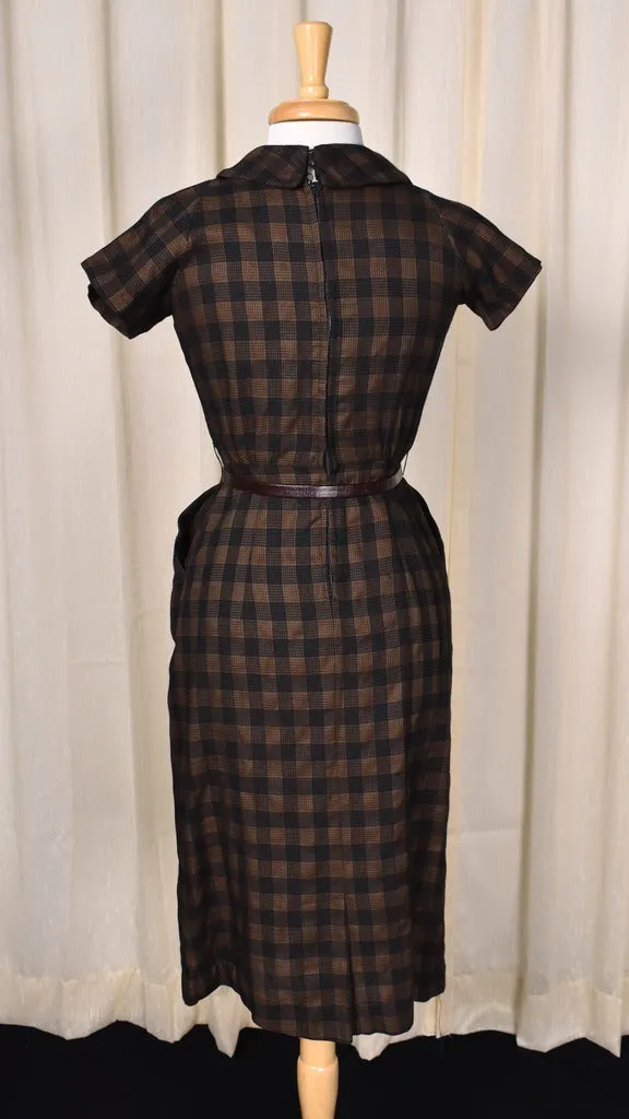 1950s Brown & Navy Plaid Wiggle Dress