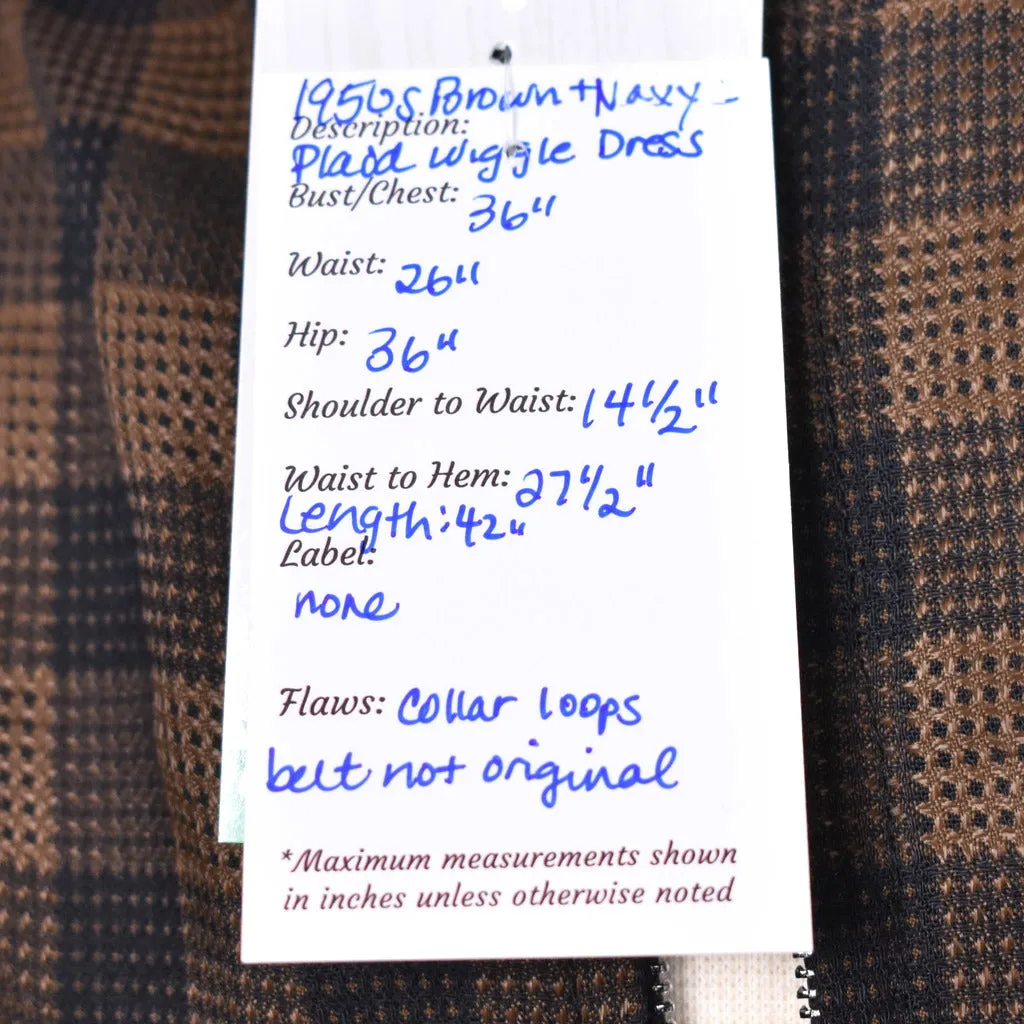 1950s Brown & Navy Plaid Wiggle Dress