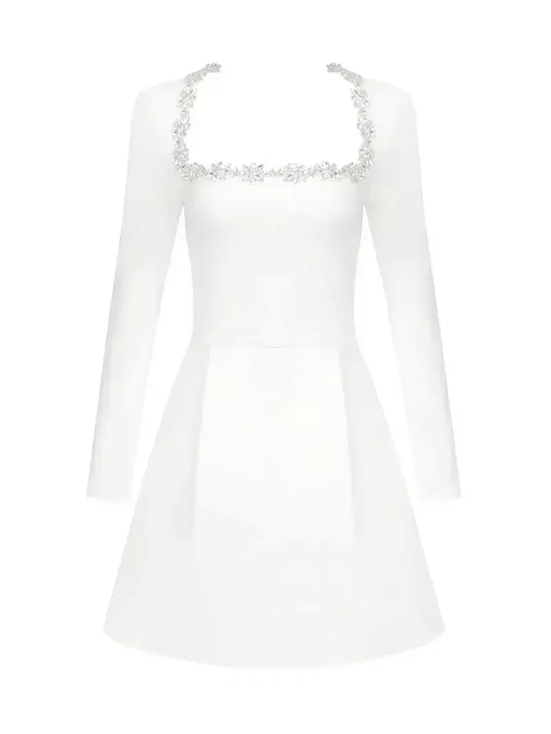2024 Summer New Women'S White Long Sleeved Square Neck Diamond Pocket Decoration A-Line Dress Bodycon Celebrity Party Mini Dress