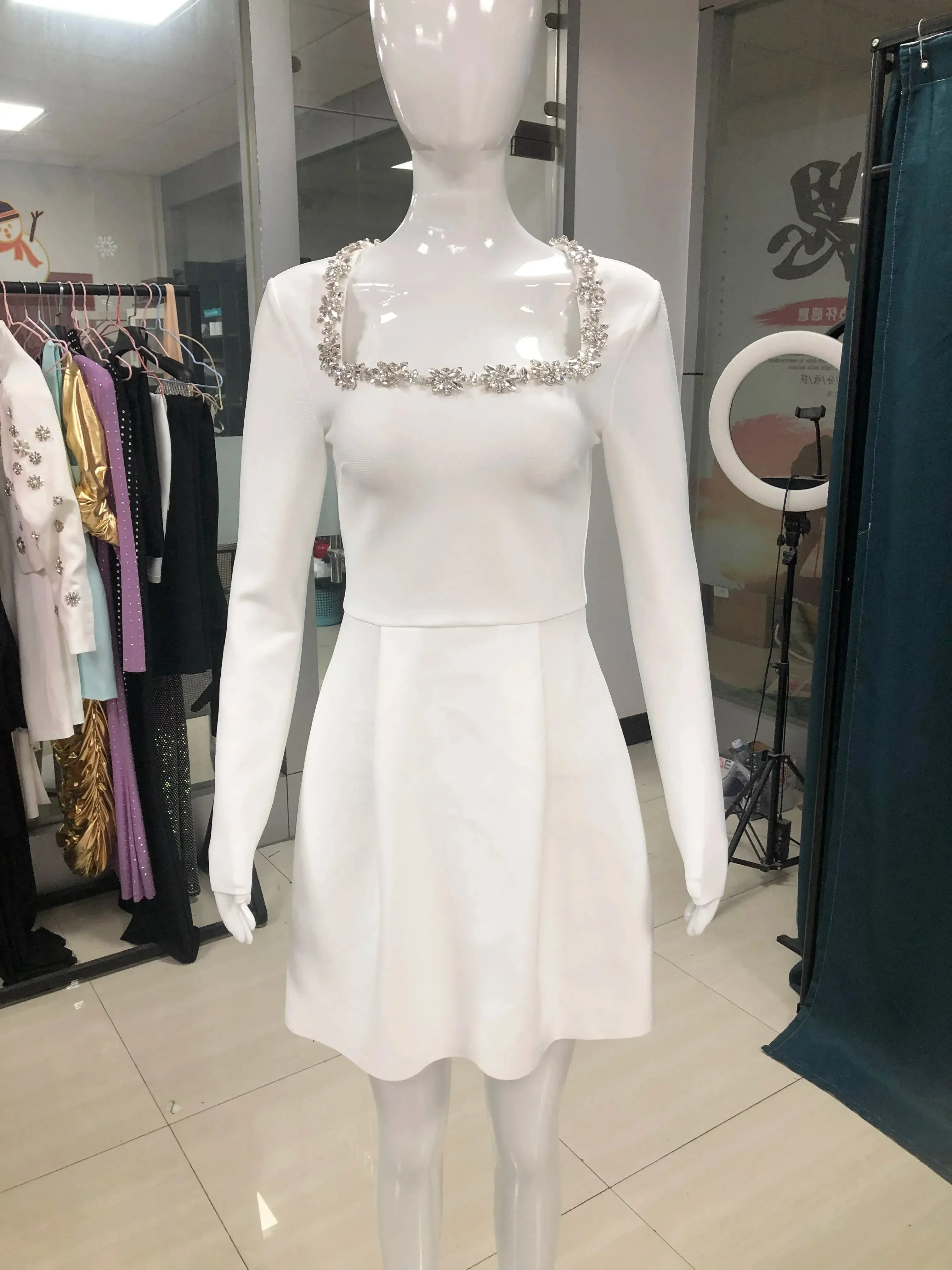 2024 Summer New Women'S White Long Sleeved Square Neck Diamond Pocket Decoration A-Line Dress Bodycon Celebrity Party Mini Dress
