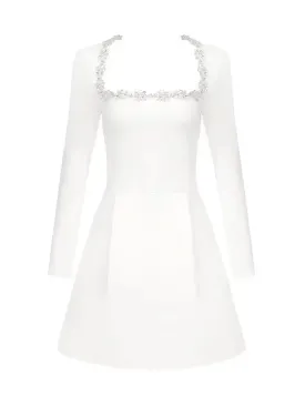 2024 Summer New Women'S White Long Sleeved Square Neck Diamond Pocket Decoration A-Line Dress Bodycon Celebrity Party Mini Dress