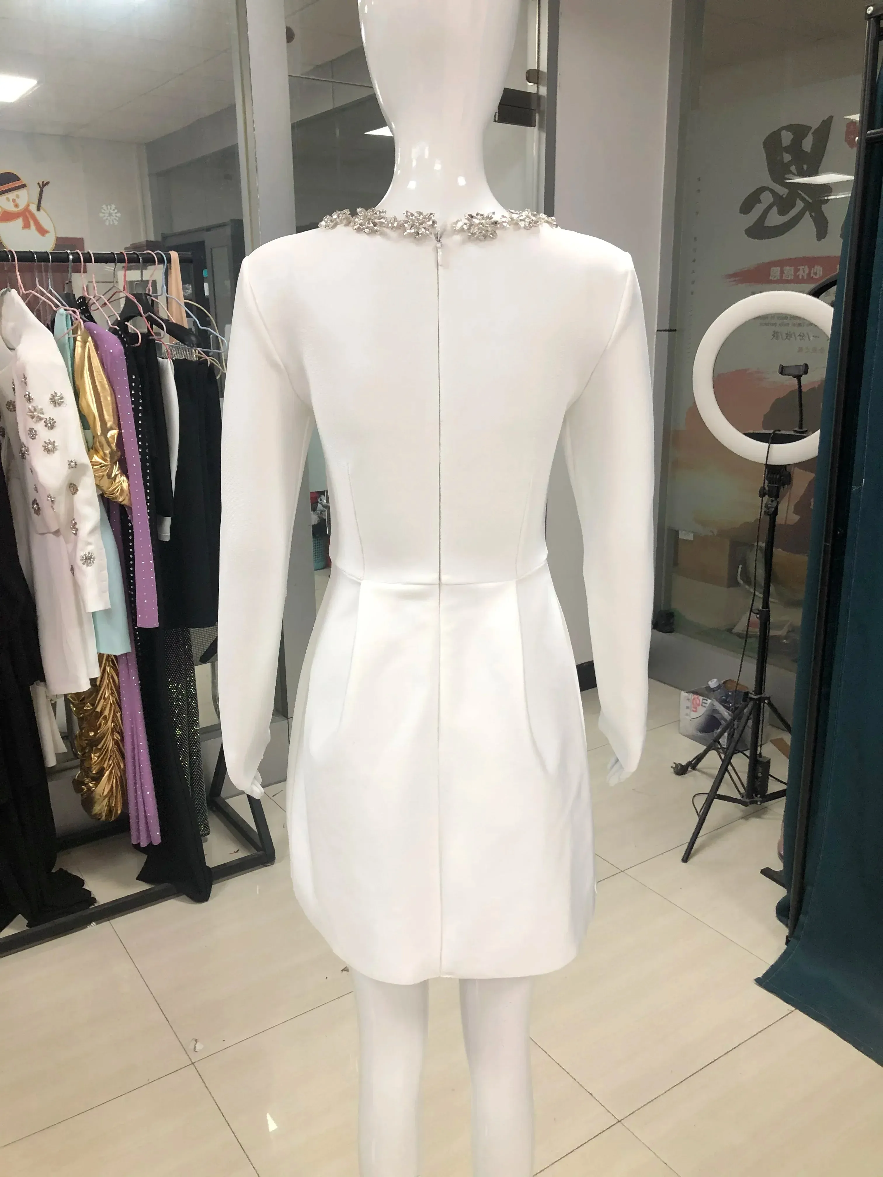 2024 Summer New Women'S White Long Sleeved Square Neck Diamond Pocket Decoration A-Line Dress Bodycon Celebrity Party Mini Dress