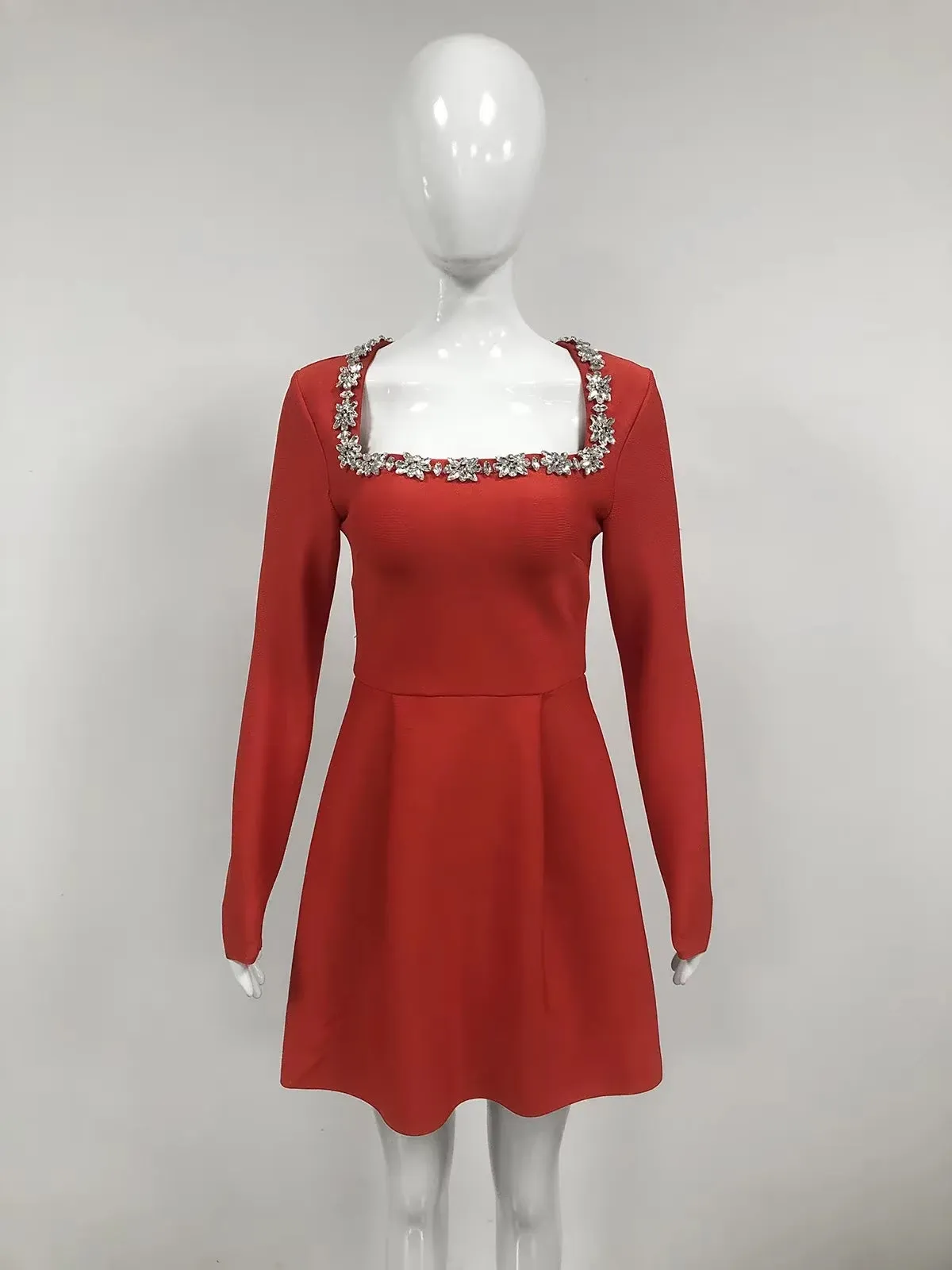 2024 Summer New Women'S White Long Sleeved Square Neck Diamond Pocket Decoration A-Line Dress Bodycon Celebrity Party Mini Dress
