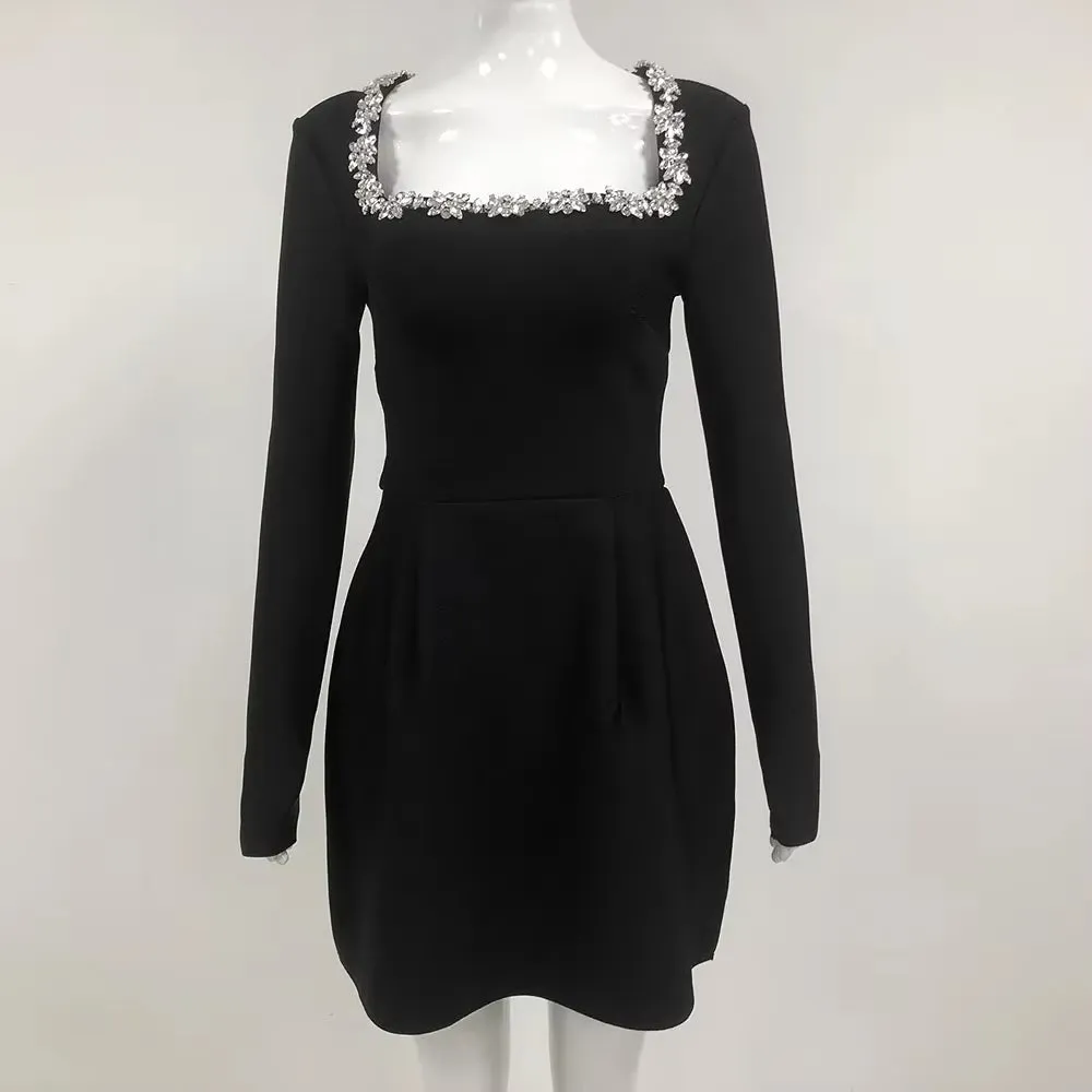 2024 Summer New Women'S White Long Sleeved Square Neck Diamond Pocket Decoration A-Line Dress Bodycon Celebrity Party Mini Dress