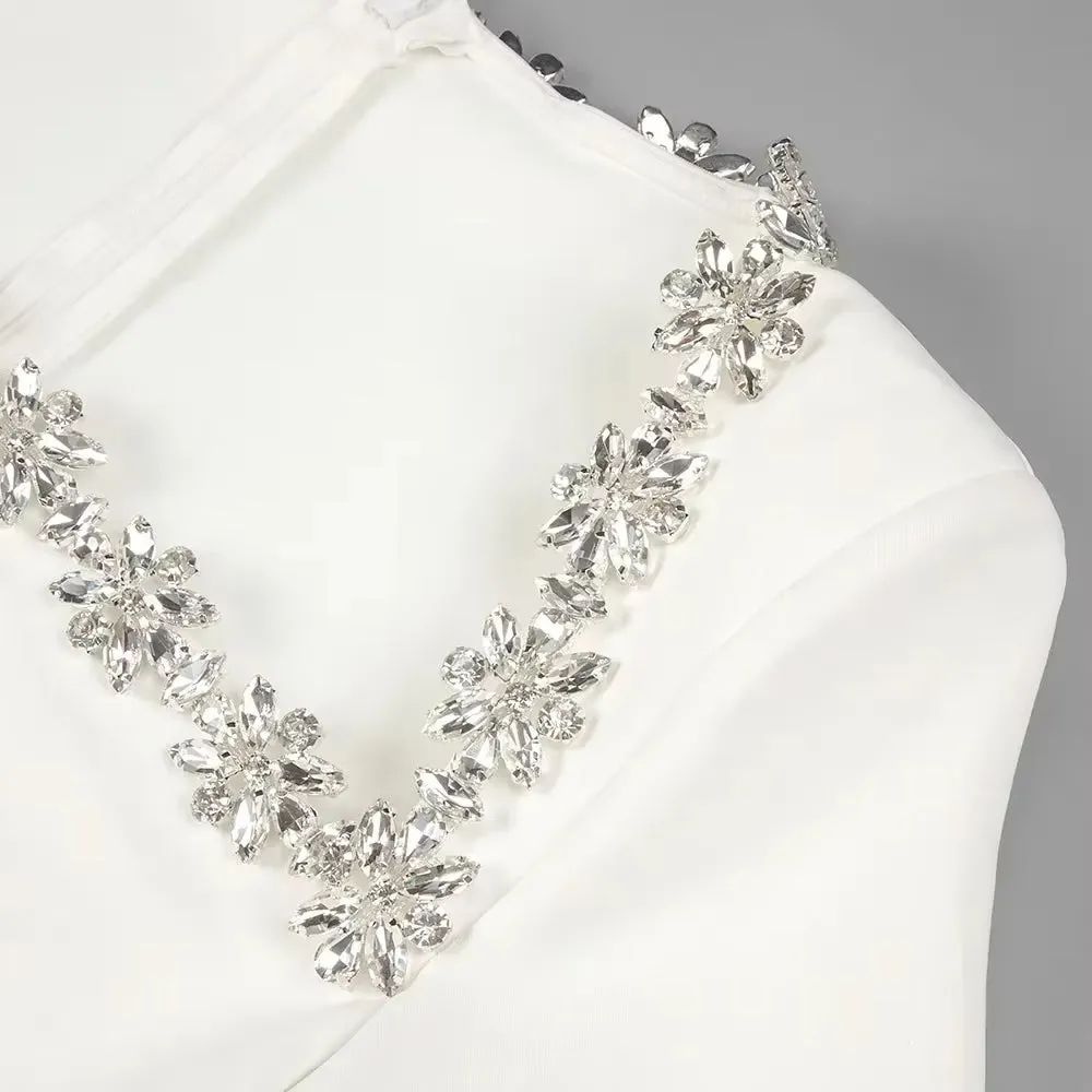 2024 Summer New Women'S White Long Sleeved Square Neck Diamond Pocket Decoration A-Line Dress Bodycon Celebrity Party Mini Dress