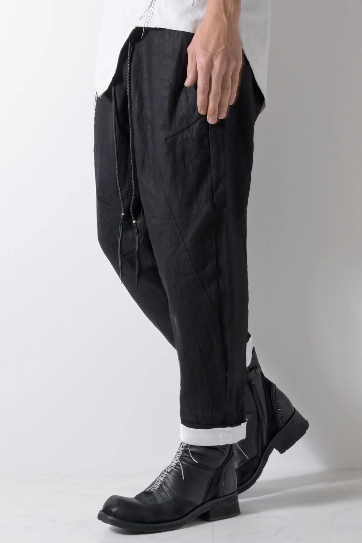 2201-PT01A Hand Stitched Linen Layered Pants 01 Black