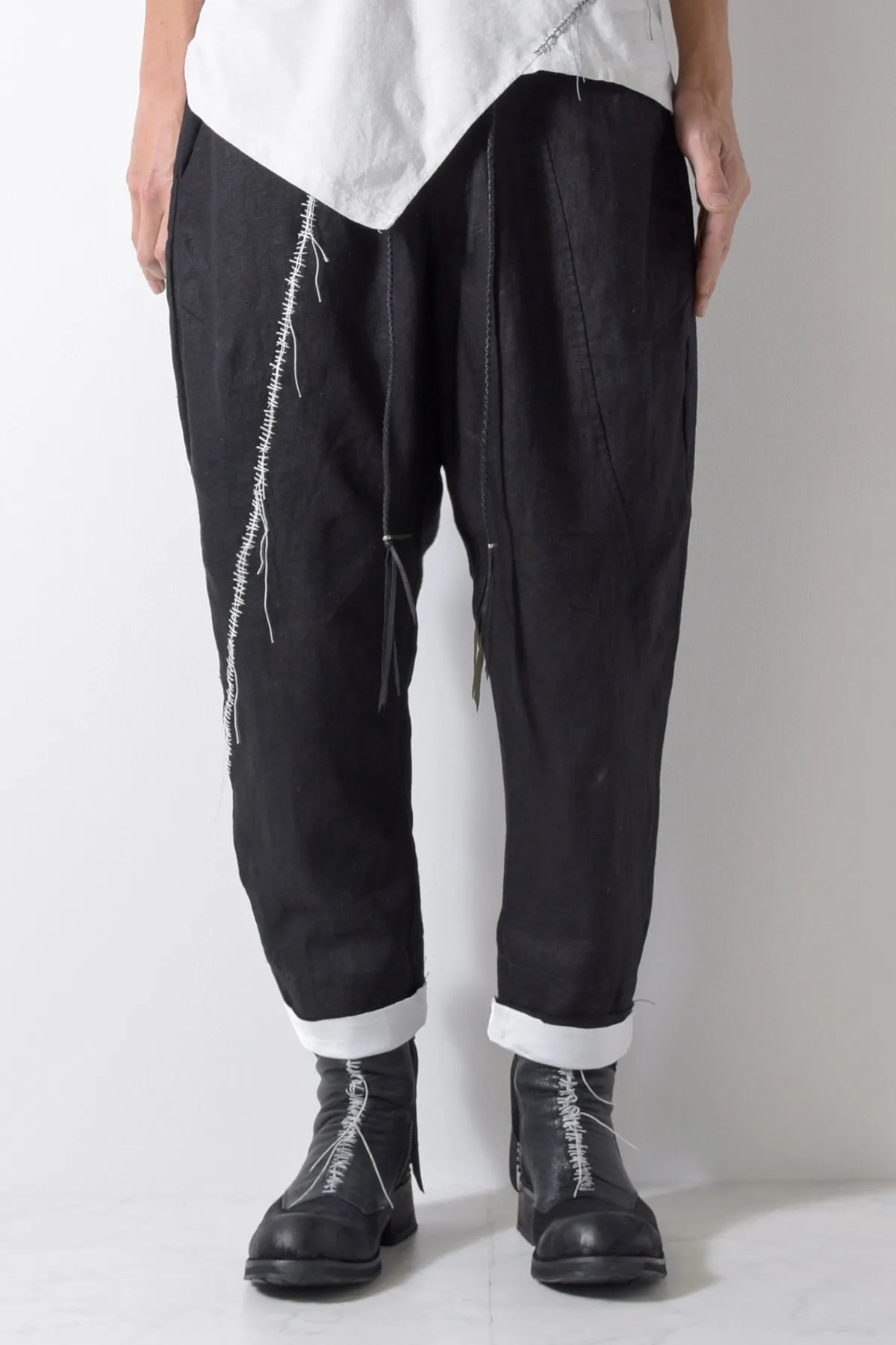 2201-PT01A Hand Stitched Linen Layered Pants 01 Black