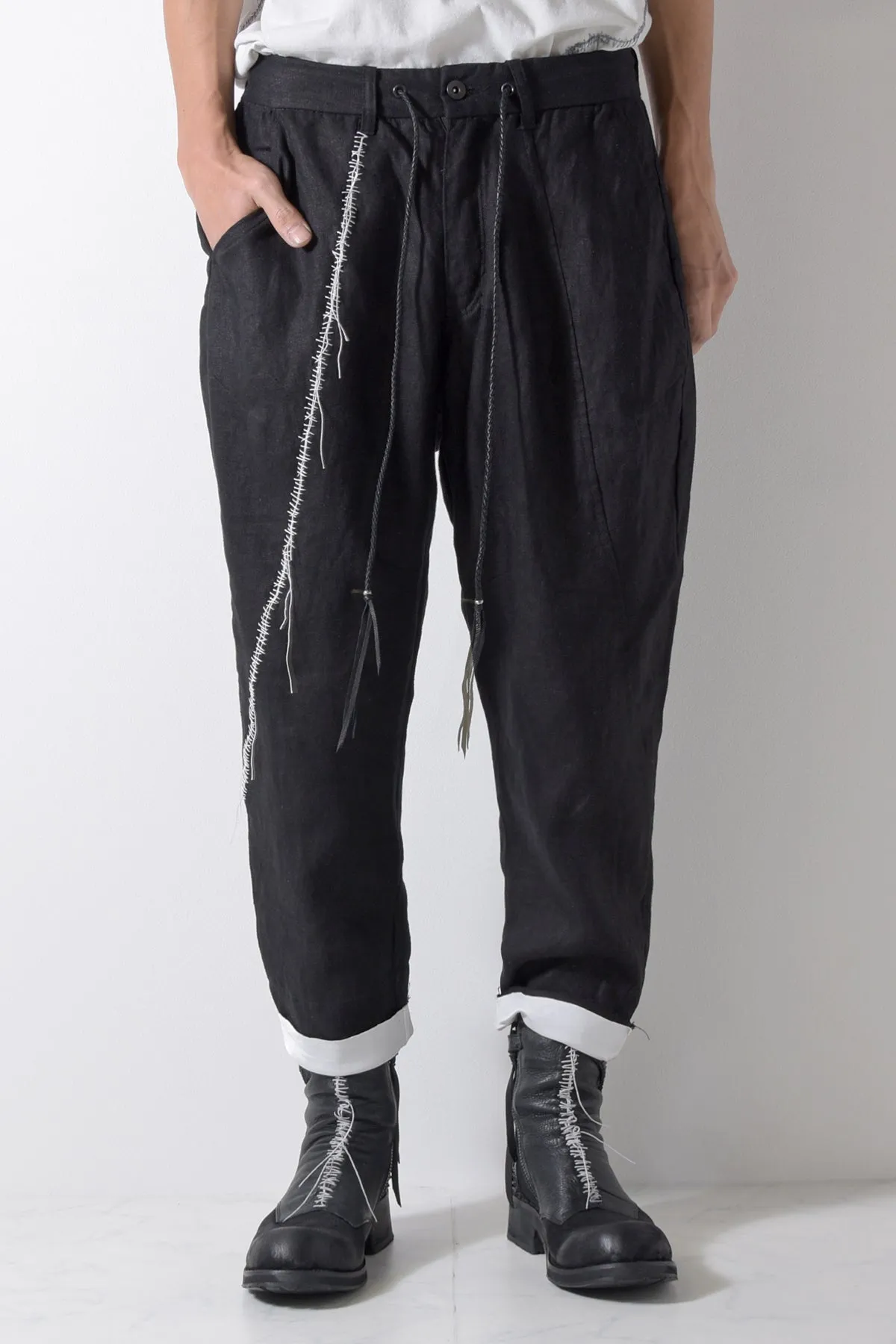 2201-PT01A Hand Stitched Linen Layered Pants 01 Black