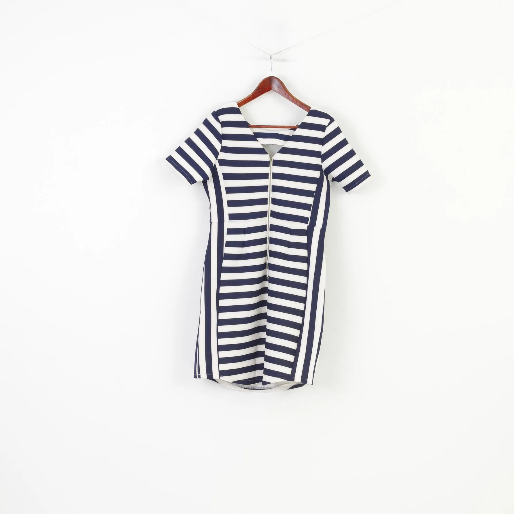 Angel Paris Women 14 L Mini Dress Marine Striped Petit Short Sleeve Crew Neck Zipper