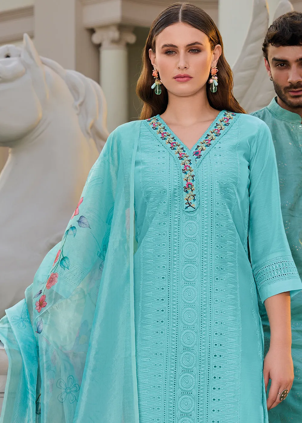 Baby Blue Chanderi Kurta with Schiffli Detailing and Floral Organza Dupatta