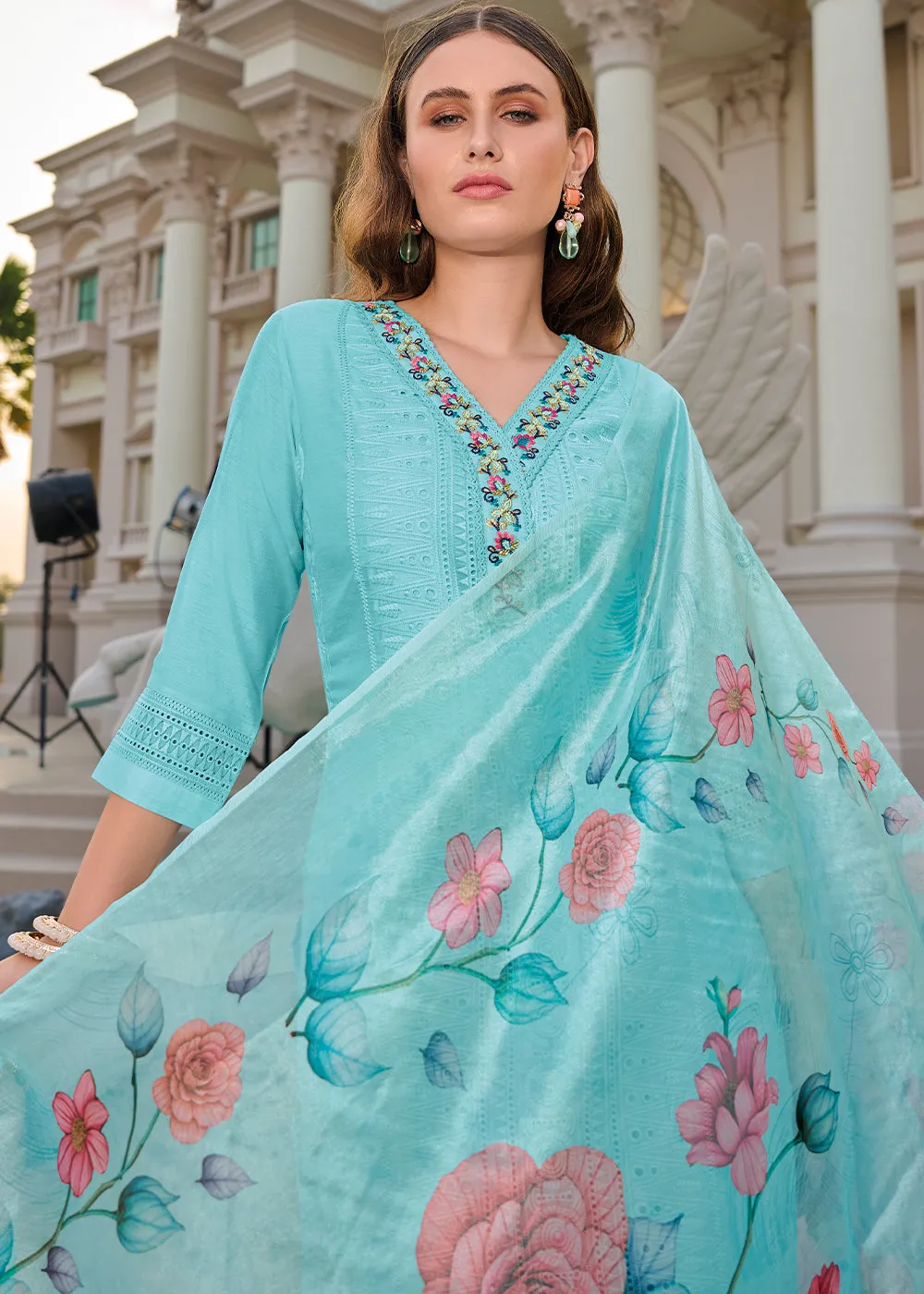 Baby Blue Chanderi Kurta with Schiffli Detailing and Floral Organza Dupatta