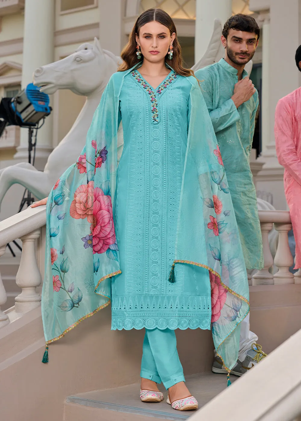 Baby Blue Chanderi Kurta with Schiffli Detailing and Floral Organza Dupatta