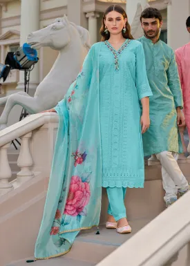 Baby Blue Chanderi Kurta with Schiffli Detailing and Floral Organza Dupatta