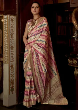 Beige Brown Kotha Zari Silk Saree with Digital Printed Design
