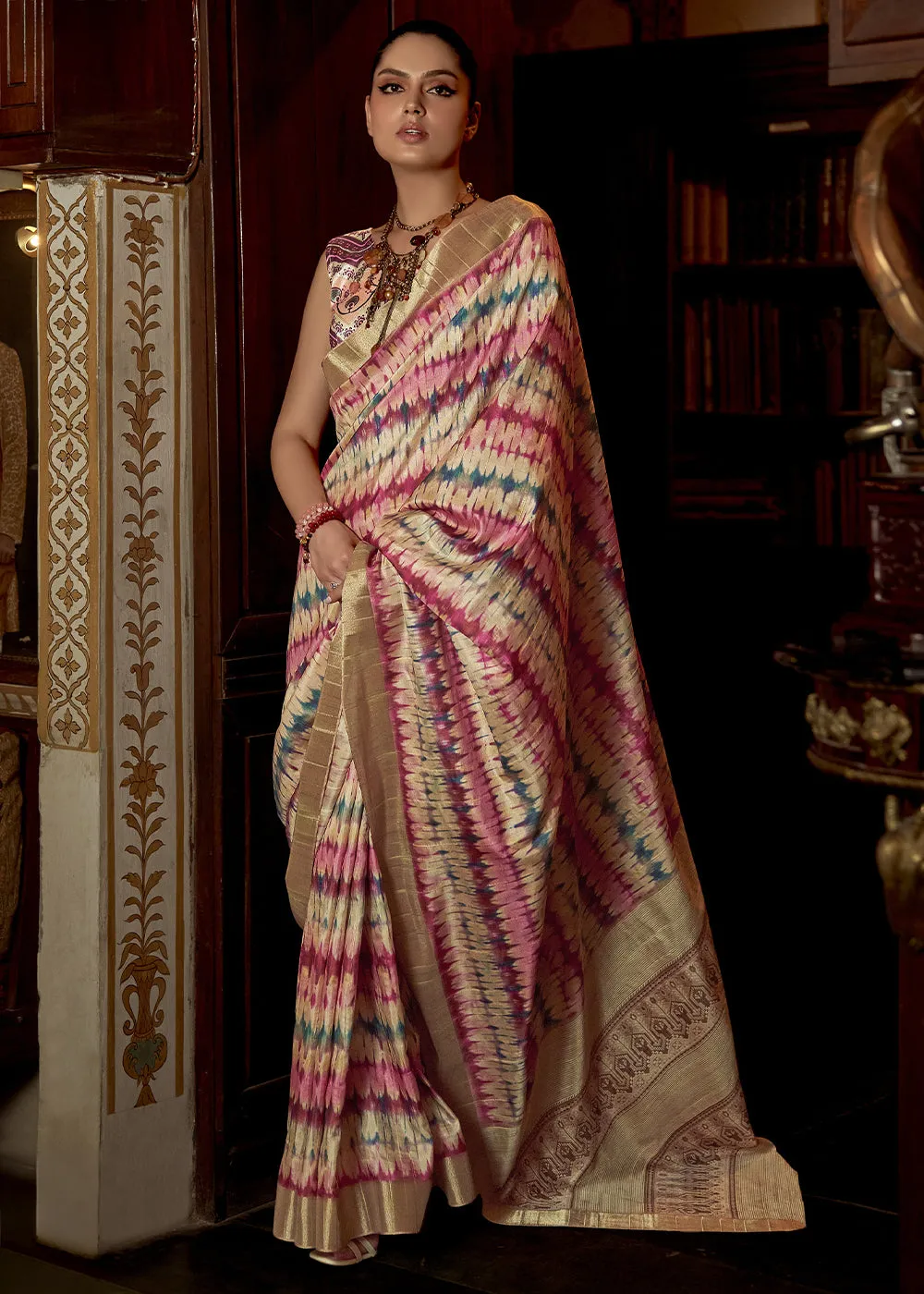 Beige Brown Kotha Zari Silk Saree with Digital Printed Design
