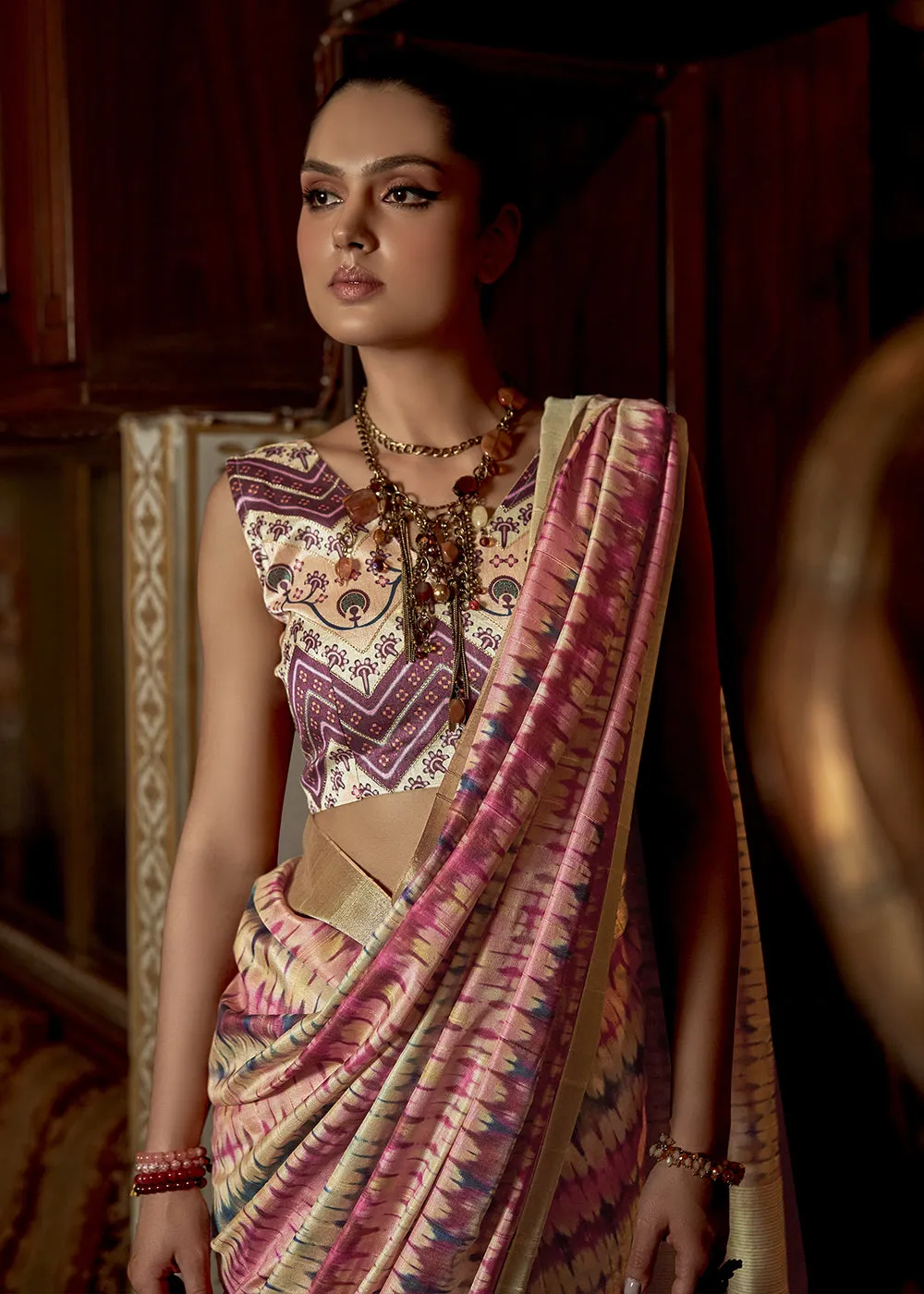 Beige Brown Kotha Zari Silk Saree with Digital Printed Design