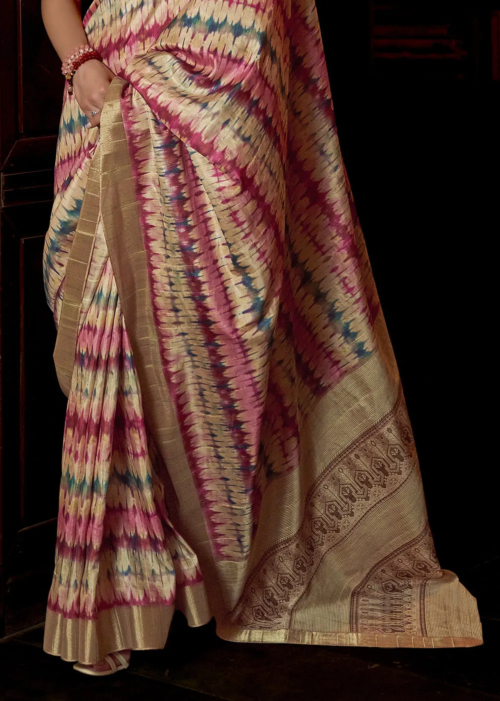 Beige Brown Kotha Zari Silk Saree with Digital Printed Design