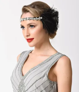 Black Feather & Silver Rhinestone Gatsby Headband