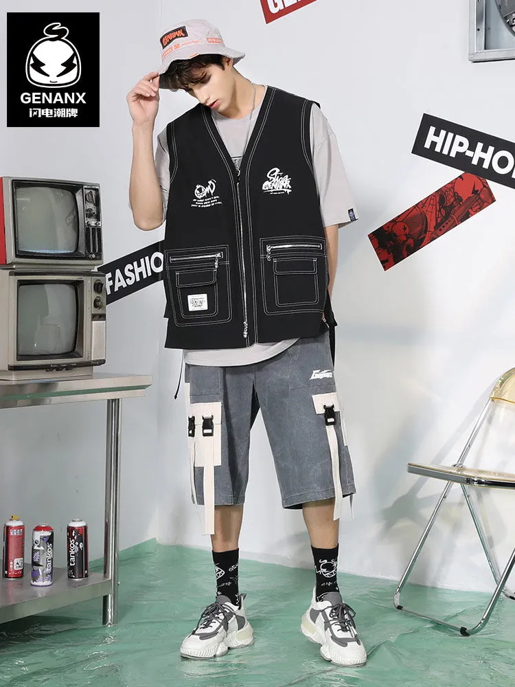 Black Moto & Biker Style Pockets Zipper Vest