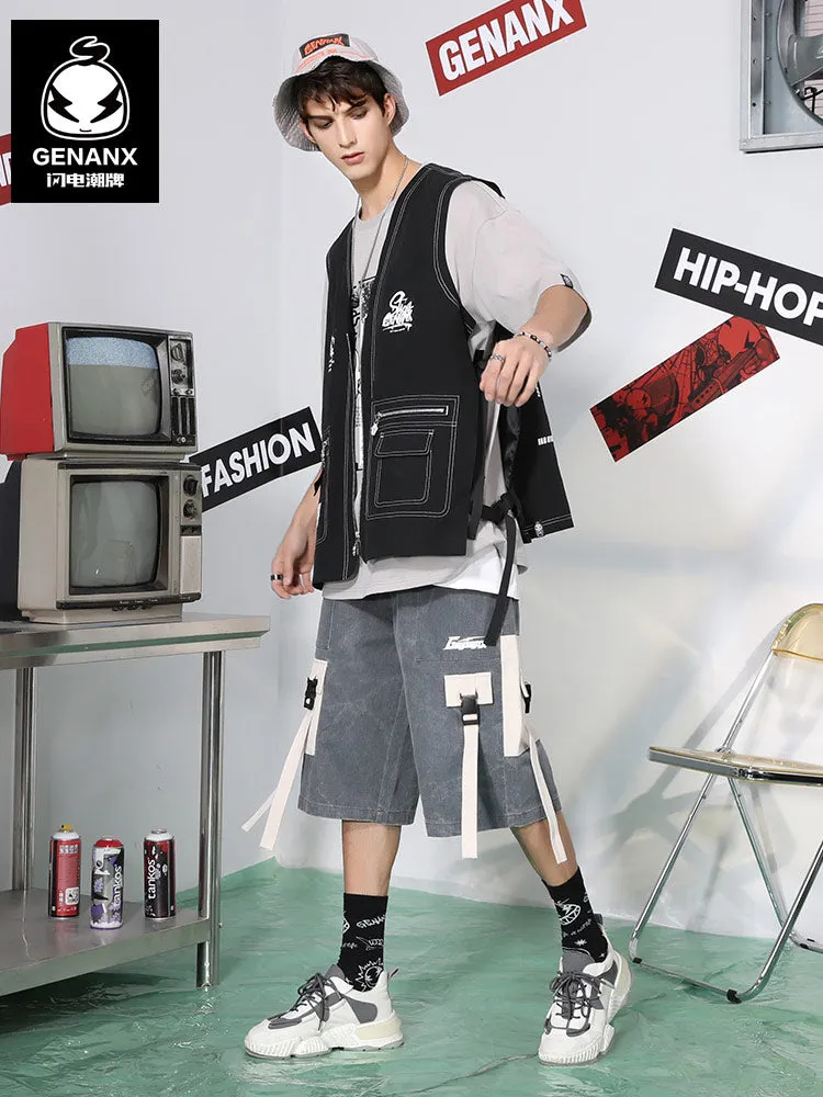 Black Moto & Biker Style Pockets Zipper Vest