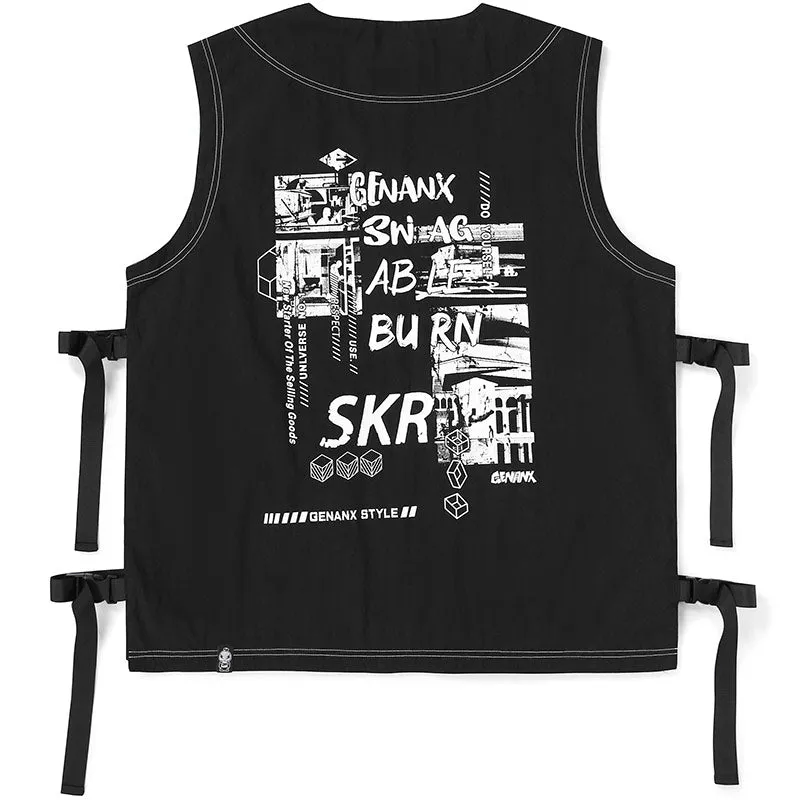 Black Moto & Biker Style Pockets Zipper Vest
