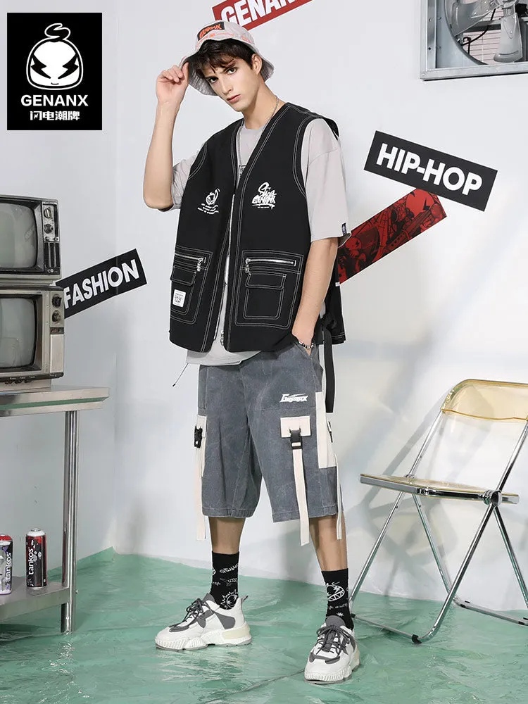 Black Moto & Biker Style Pockets Zipper Vest