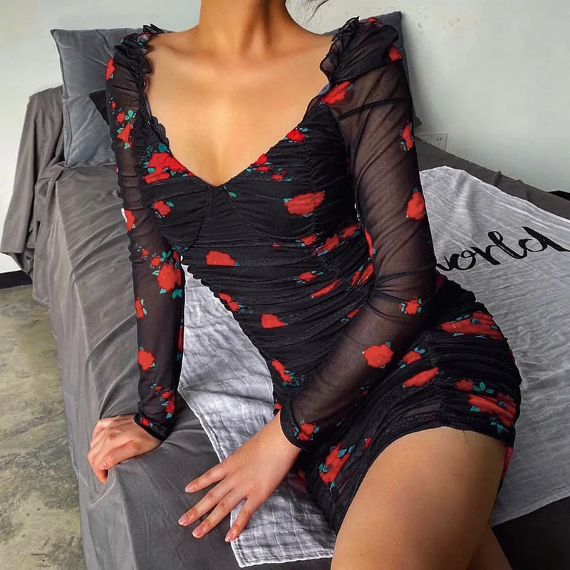 Black Rose Print V-Neck Mini
