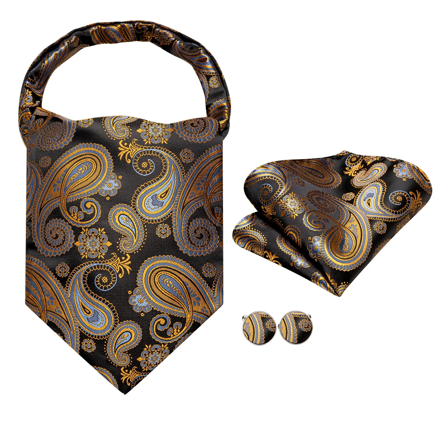Blue Yellow Paisley Ascot Pocket Square Cufflinks Set