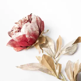 Burgundy & Gold Sparkle Faux Floral Blooming Christmas Peony Spray Stem - 28"