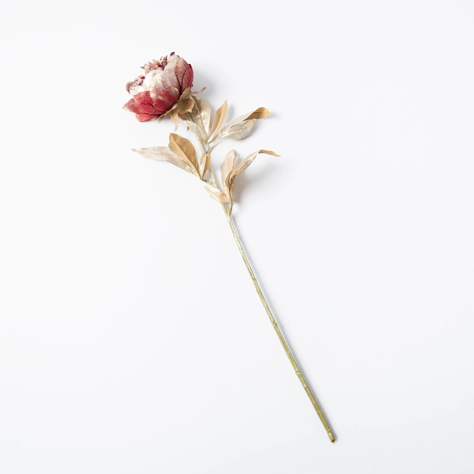 Burgundy & Gold Sparkle Faux Floral Blooming Christmas Peony Spray Stem - 28"