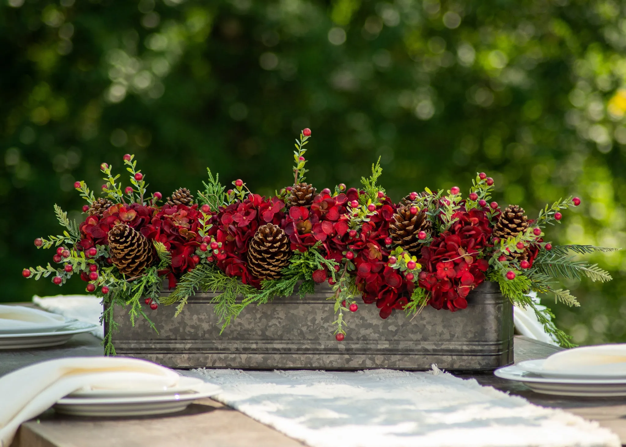 Burgundy Red Hydrangea, Wild Cranberry & Pinecone Fall Christmas Floral Arrangement Centerpiece in Metal Tin - 3 Size Options