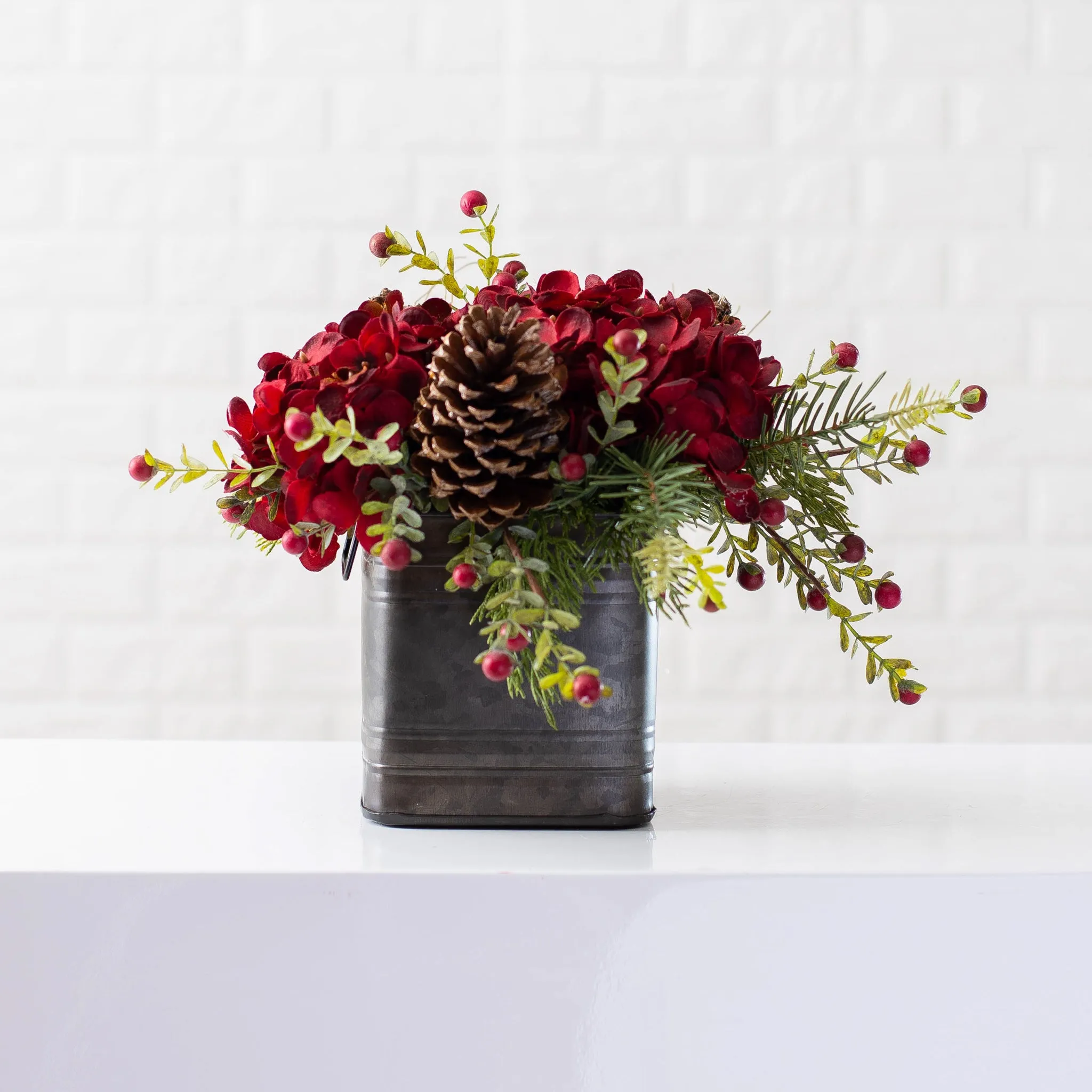 Burgundy Red Hydrangea, Wild Cranberry & Pinecone Fall Christmas Floral Arrangement Centerpiece in Metal Tin - 3 Size Options