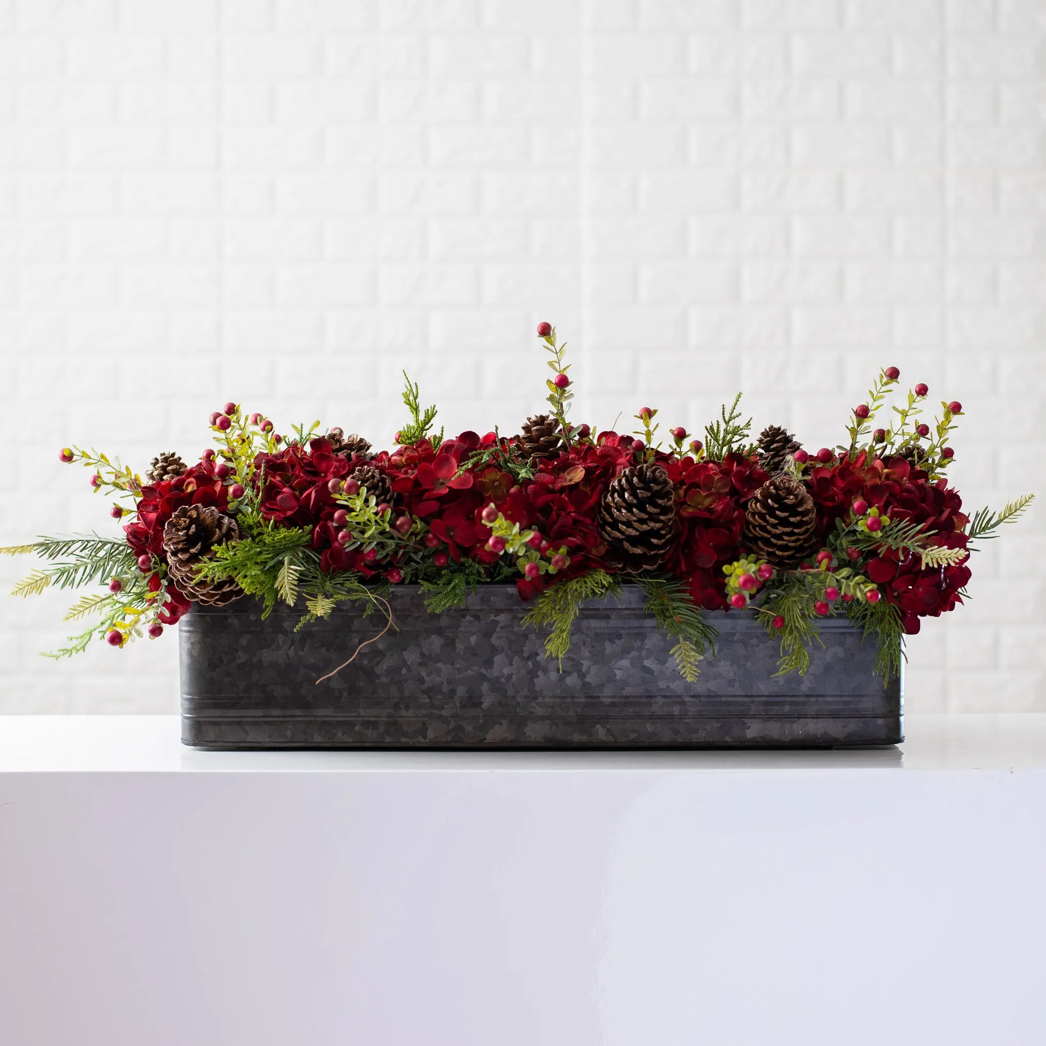 Burgundy Red Hydrangea, Wild Cranberry & Pinecone Fall Christmas Floral Arrangement Centerpiece in Metal Tin - 3 Size Options