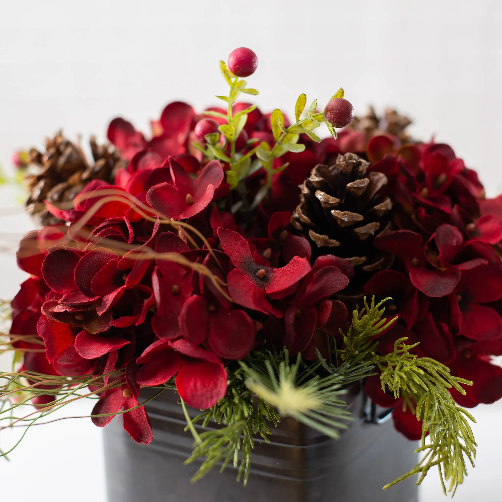 Burgundy Red Hydrangea, Wild Cranberry & Pinecone Fall Christmas Floral Arrangement Centerpiece in Metal Tin - 3 Size Options