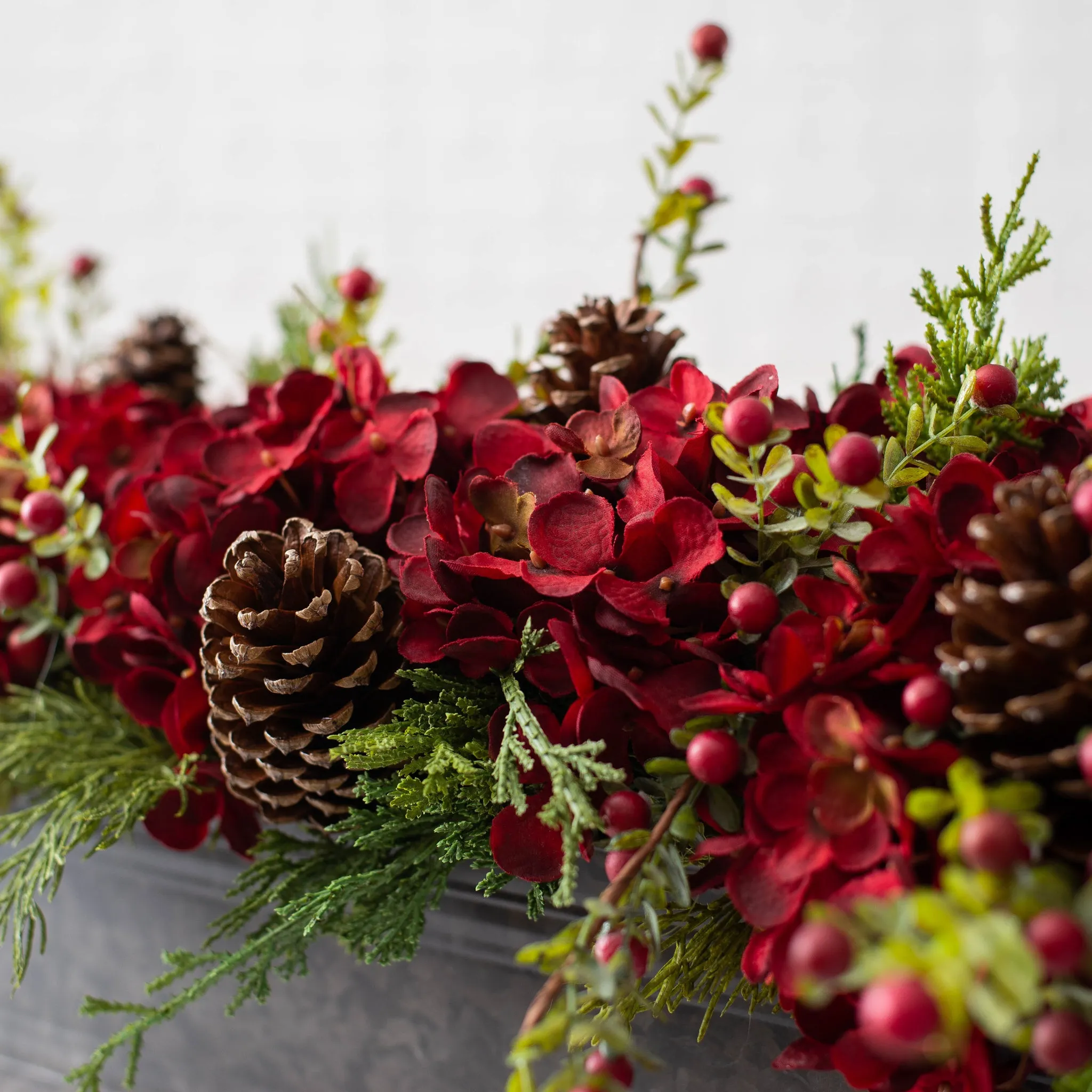 Burgundy Red Hydrangea, Wild Cranberry & Pinecone Fall Christmas Floral Arrangement Centerpiece in Metal Tin - 3 Size Options