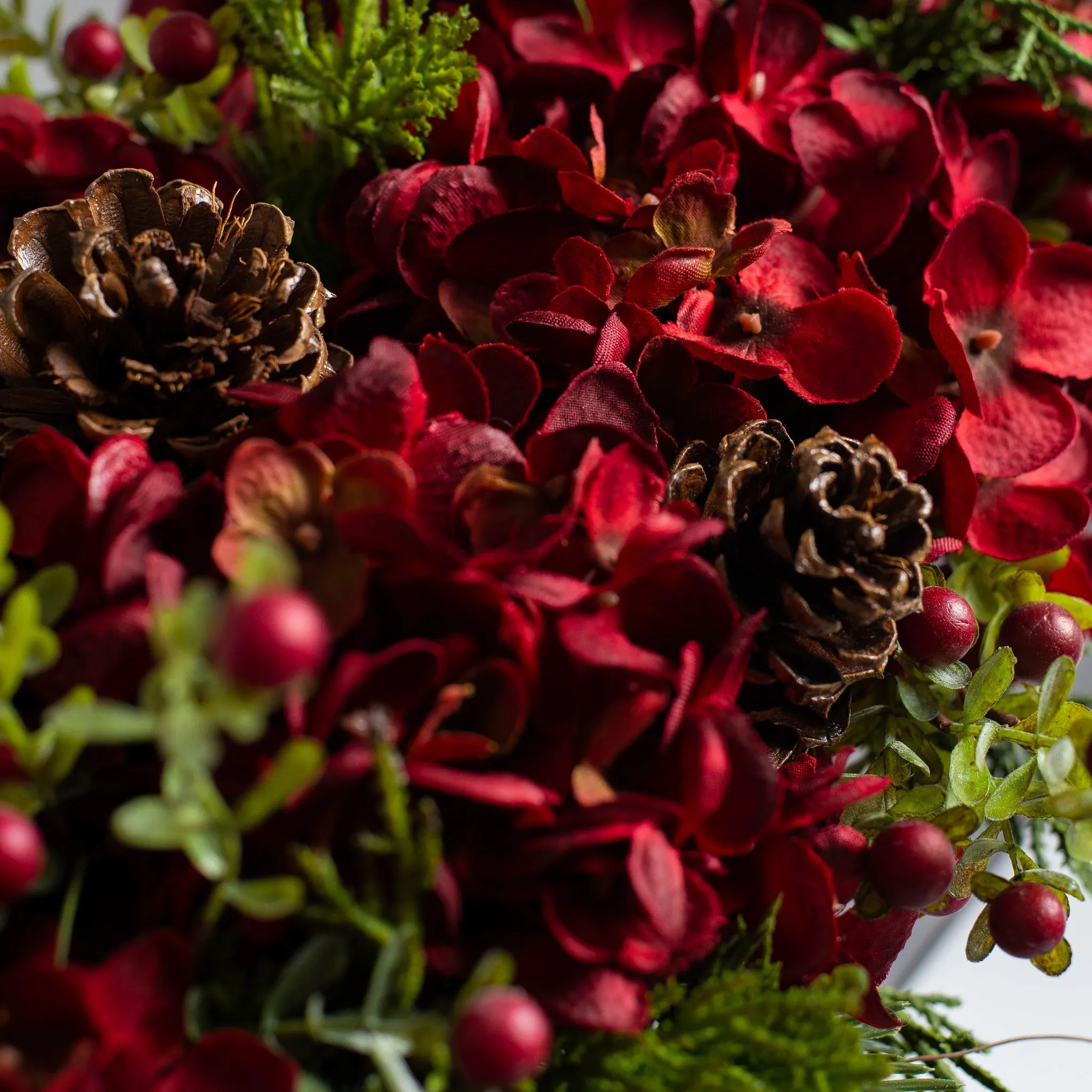 Burgundy Red Hydrangea, Wild Cranberry & Pinecone Fall Christmas Floral Arrangement Centerpiece in Metal Tin - 3 Size Options