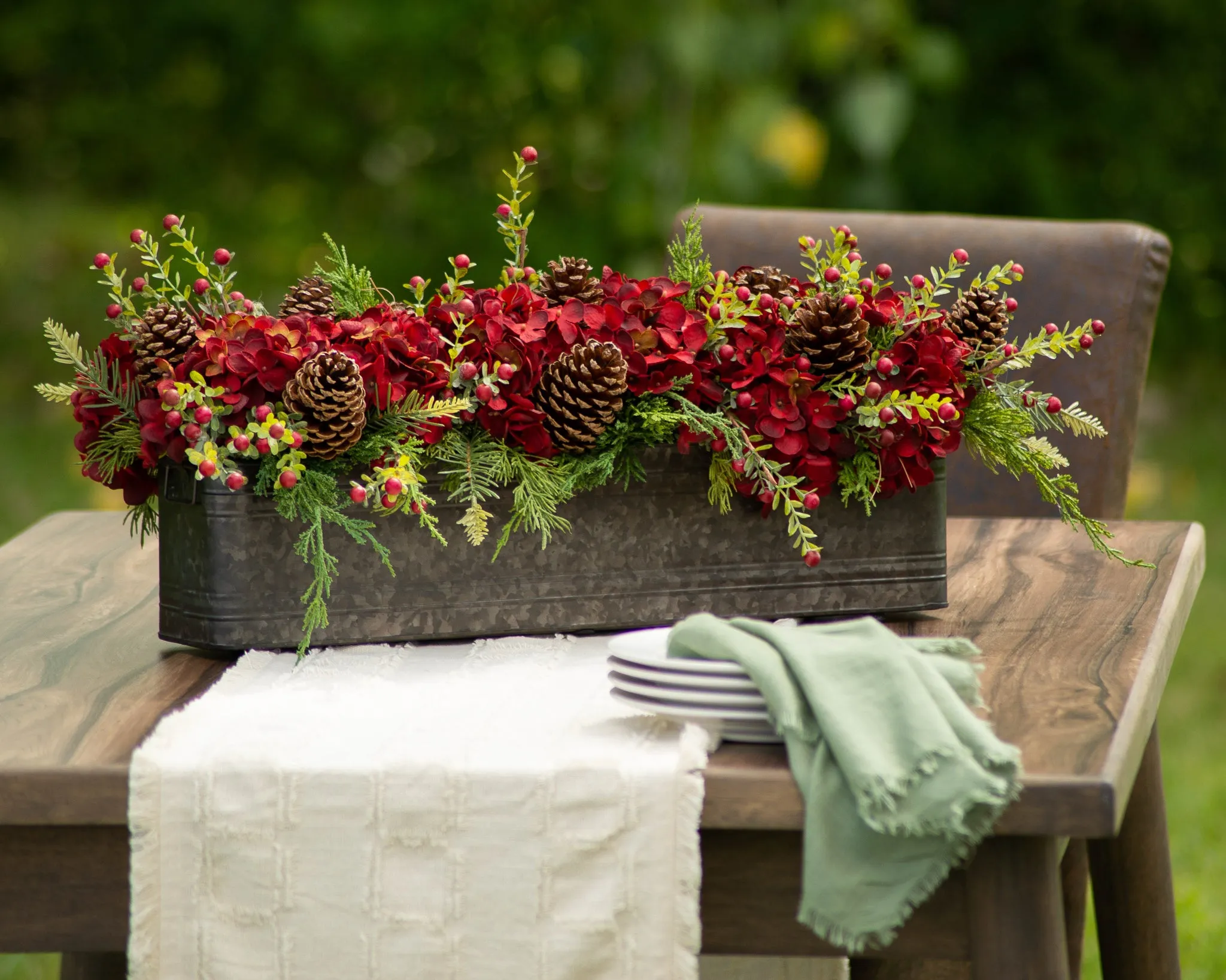 Burgundy Red Hydrangea, Wild Cranberry & Pinecone Fall Christmas Floral Arrangement Centerpiece in Metal Tin - 3 Size Options
