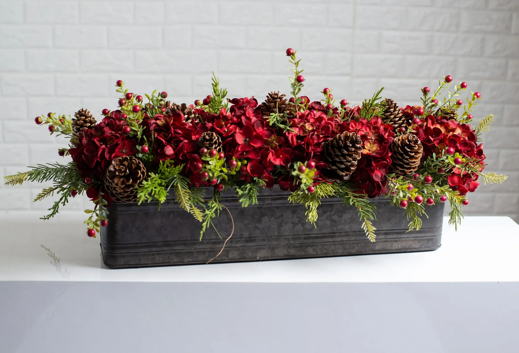 Burgundy Red Hydrangea, Wild Cranberry & Pinecone Fall Christmas Floral Arrangement Centerpiece in Metal Tin - 3 Size Options