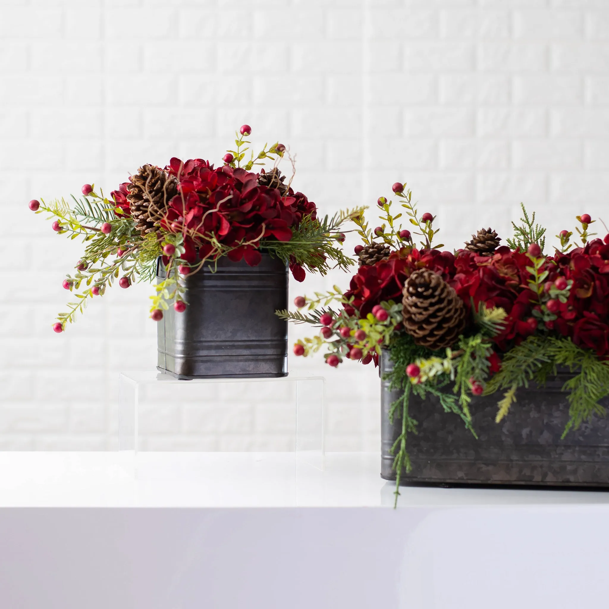 Burgundy Red Hydrangea, Wild Cranberry & Pinecone Fall Christmas Floral Arrangement Centerpiece in Metal Tin - 3 Size Options