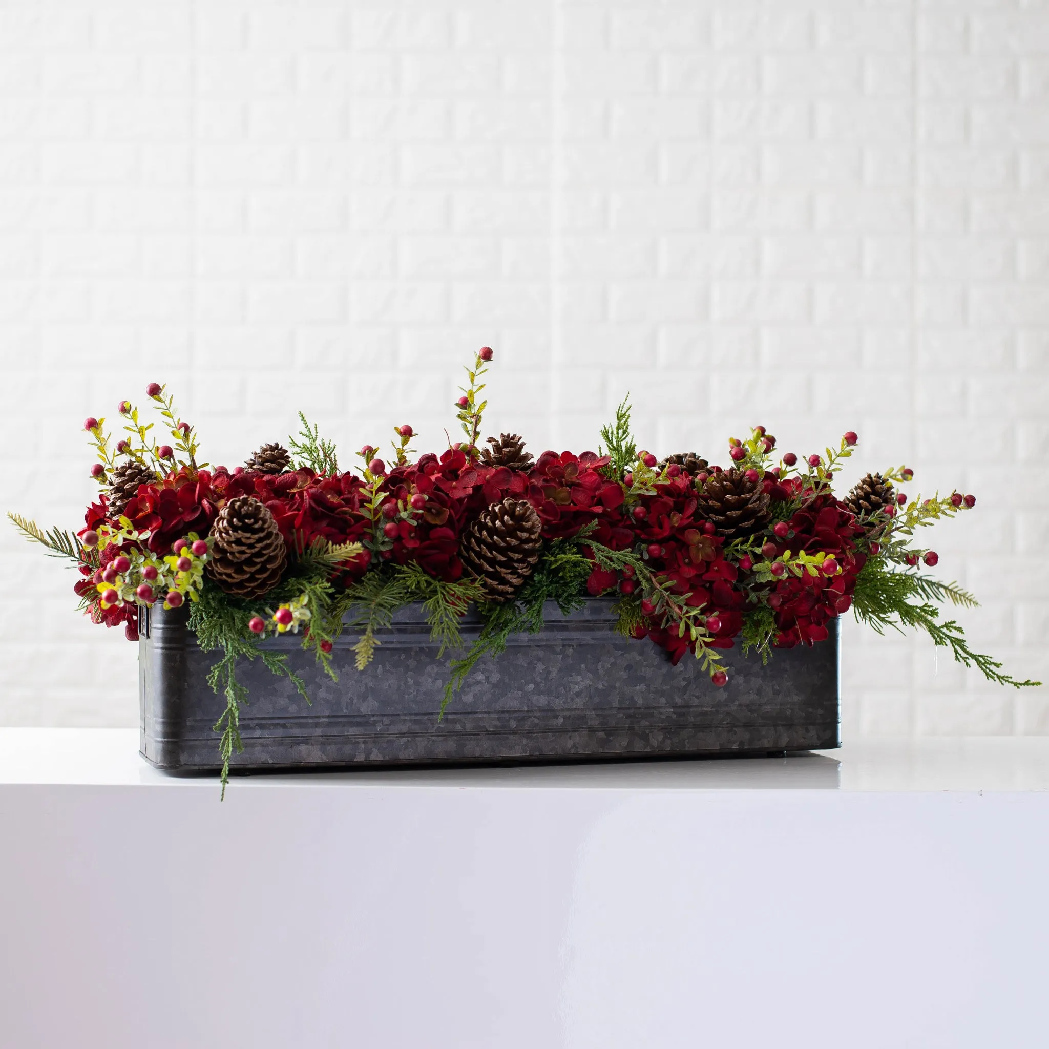 Burgundy Red Hydrangea, Wild Cranberry & Pinecone Fall Christmas Floral Arrangement Centerpiece in Metal Tin - 3 Size Options