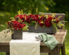 Burgundy Red Hydrangea, Wild Cranberry & Pinecone Fall Christmas Floral Arrangement Centerpiece in Metal Tin - 3 Size Options