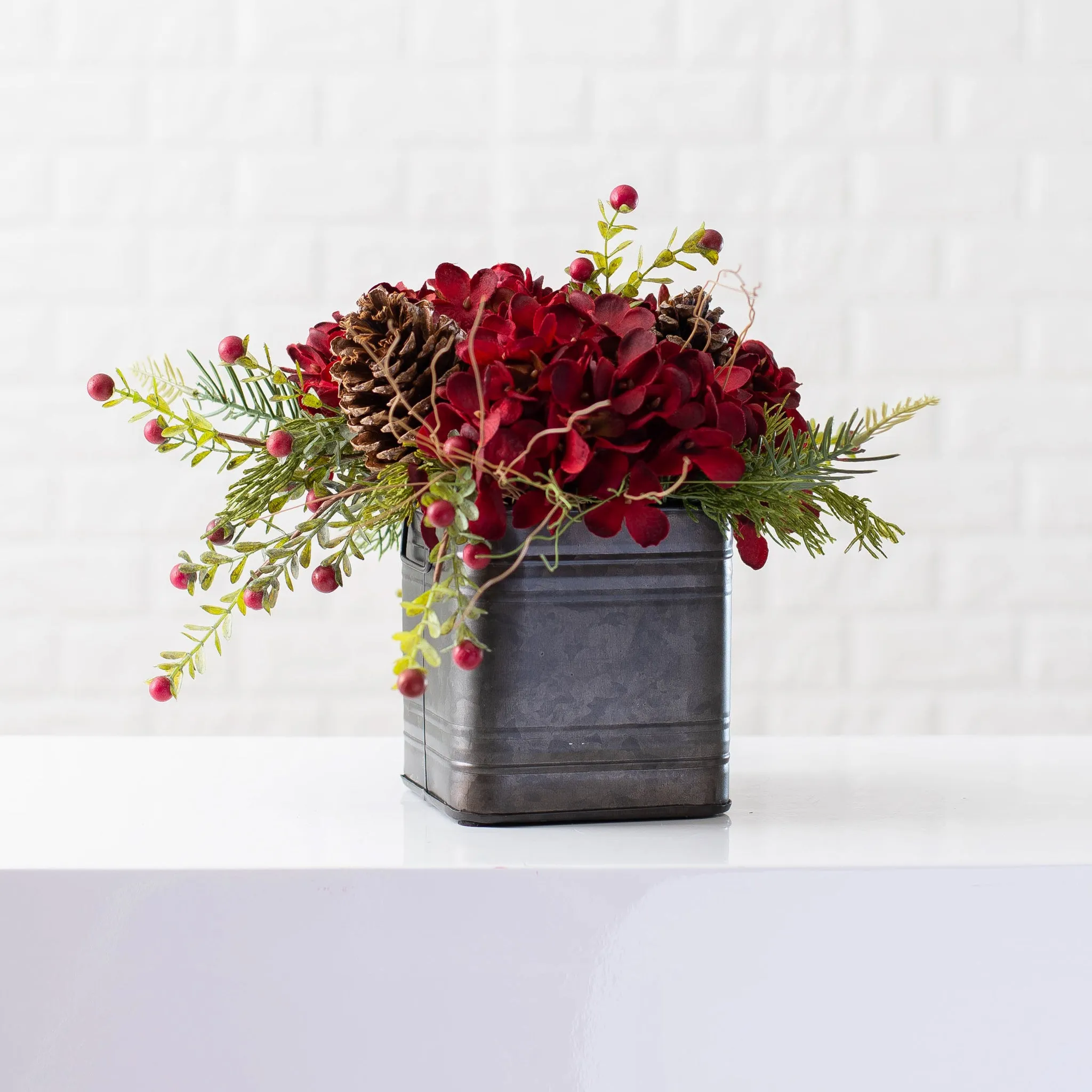 Burgundy Red Hydrangea, Wild Cranberry & Pinecone Fall Christmas Floral Arrangement Centerpiece in Metal Tin - 3 Size Options