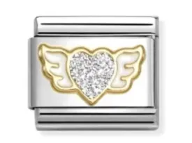 CLASSIC GLITTER,STEEL, ENAMEL, 18K GOLD SILVER WINGED HEART
