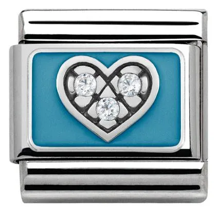 Classic S/Steel, enamel,Cz. 925 silver Blue Heart