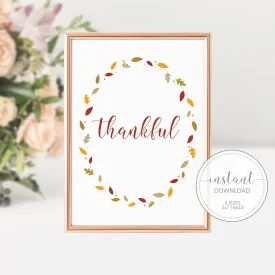 Fall Leaves Thankful Sign Printable, Thanksgiving Sign, Fall Art, INSTANT DOWNLOAD - FL100