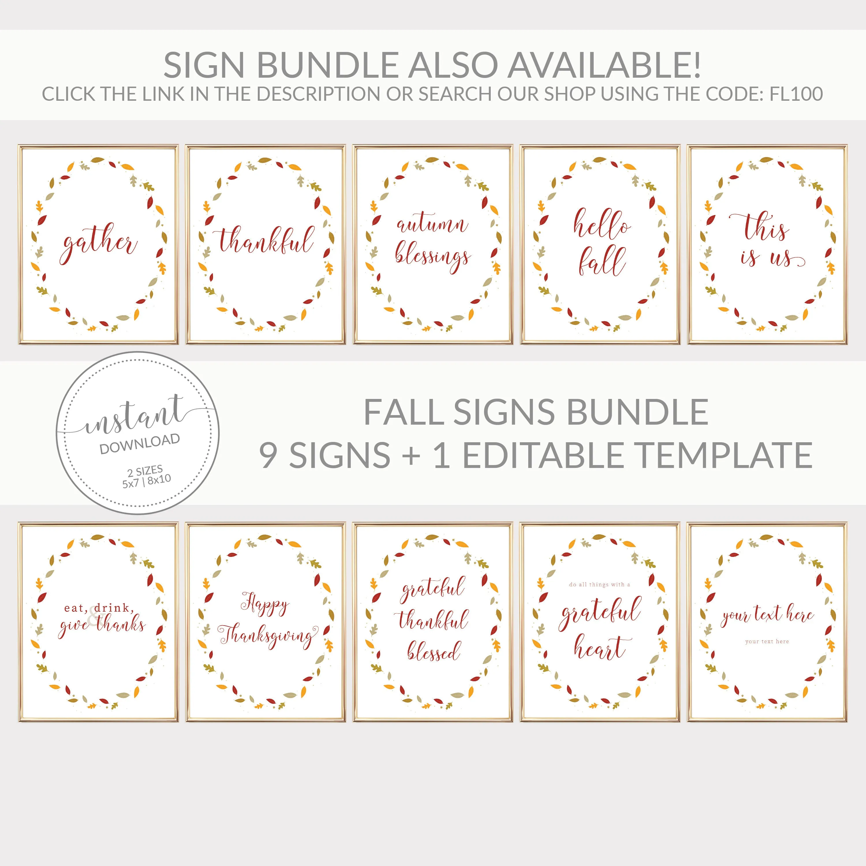 Fall Leaves Thankful Sign Printable, Thanksgiving Sign, Fall Art, INSTANT DOWNLOAD - FL100